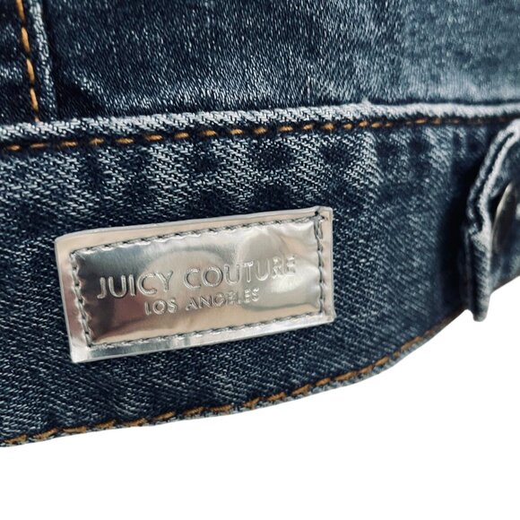 Juicy Couture XS Rhinestone Distressed Denim Jacket Y2K Bling Glam Grunge - Picture 10 of 13